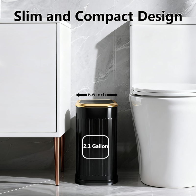 TIPGO Bathroom Trash Can with Lid, 2.1 Gallon / 8 Liter Small Garbage Can, Press Top Bin, Stainless Steel Wastebasket with Pop-Up Lid for Bedroom, Living Room, Office (Black) - Image 2
